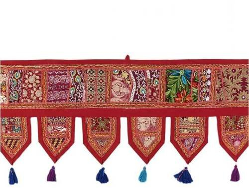Indischer ethnischer Fenstervolant, Heimdekoration, Vintage, bestickt, Patchwork, Türbehang (rot)