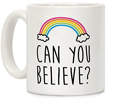 LookHUMAN Keramik-Kaffeetasse mit der Aufschrift Can You Believe?, 325 ml, Regenbogenfarben