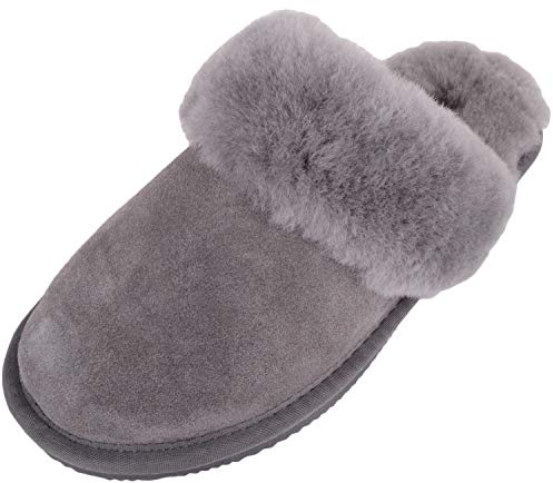 SNUGRUGS Elsie Damen Pantoffeln mit offenem Rücken, Schaffell, grau, 39 EU