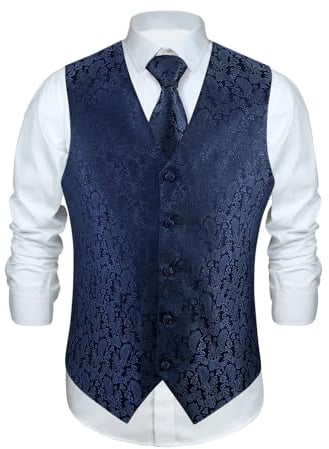Enlision Anzugweste Navy blau Herren Hochzeit Paisley Westen und Krawatte Einstecktuch Party Floral Jacquard Anzug Weste Set XXL