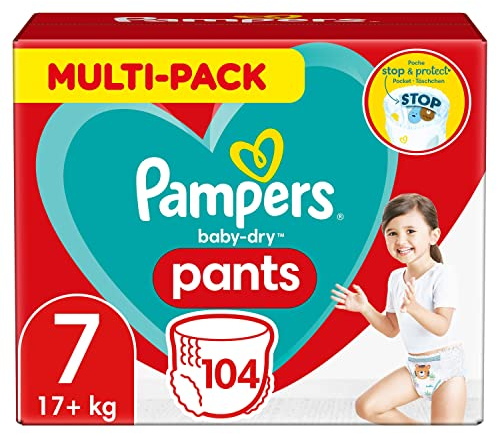 Pampers Windeln Pants Größe 7 (17kg+) Baby-Dry, Extra Large mit Stop- und Schutz Täschchen, MONATSBOX, 104 Höschenwindeln