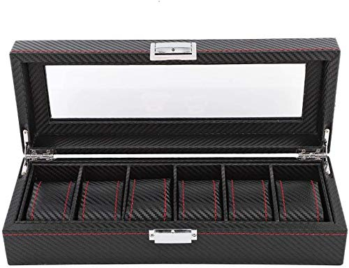 Ejoyous Uhrenbox 6 Uhren, Uhrenkasten Uhrenbox mit 6 Fächern Watch Box Reise Carbon Fiber Case Schmuck Display Speicher Collector Organizer(33 * 12 * 8,5 cm