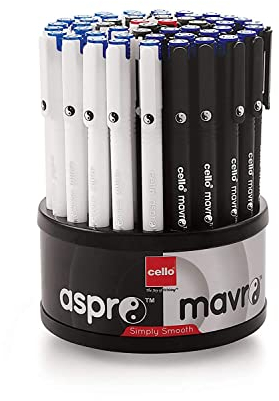 Cello Aspro Mavro Kugelschreiber | Schwarzer Kugelschreiber | Großpackung mit 50 Kugelschreiber mit Ständer | Leichte und stilvolle Kugelschreiber | Kugelschreiber-Set | Ideal für Studenten und Profis