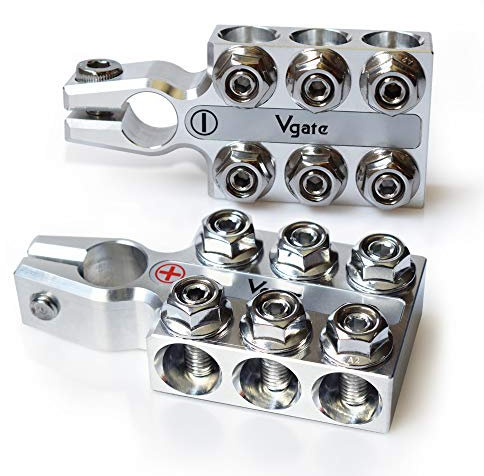 Vgate Lead Acid Battery Terminal Clamps, 8AWG up to 4/0(XL) AWG Gauge, 12-Way Connectors, Positive and Negative (+/-)(Pair) for SAE/DIN/EN Tapered Top Post