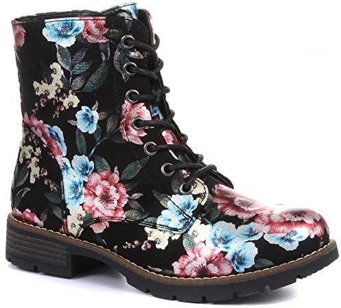 Pavers Damenstiefel, Damenschuhe, Combat, schwarze Stiefel für Damen, Schnürung, Reißverschluss, flacher Absatz, strapazierfähige Sohle, Damenstiefel, Boho-Blumenmuster, Schwarz / Rosa mit