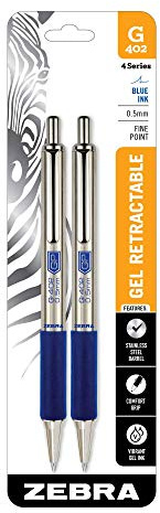 Zebra Pen G-402 Gelschreiber aus Edelstahl, einziehbar, Premium-Metallschaft, feine Spitze, 0,5 mm, blaue Tinte, 2 Stück