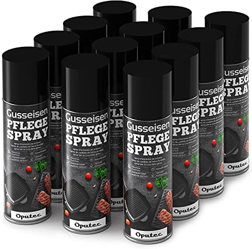 Oputec 12 x 500ml Gusseisen-Pflegespray - Ideales Grillzubehör zum Schutz & der Pflege von Gussrosten, Pfannen, Töpfen, Dutch Oven, Grillrosten, Brätern aus Gusseisen - Cast Iron Antihaft-Schutzspray