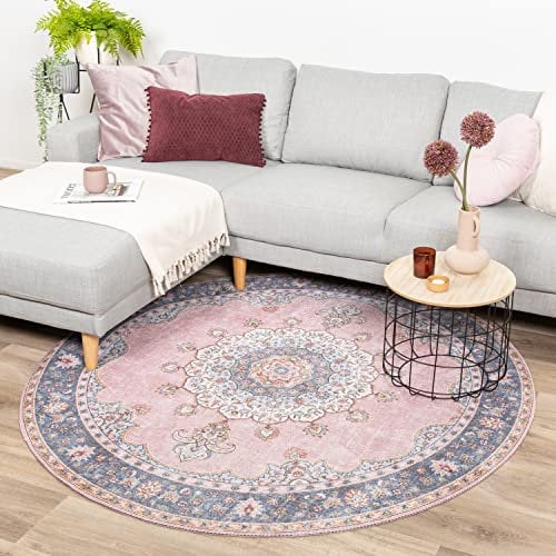 FRAAI | Home & Living Teppich Vintage Rund - Lily Medaillon Rosa - Baumwolle, Polyester - Flachgewebe - Vintage - Wohnzimmer, Esszimmer, Schlafzimmer - Carpet