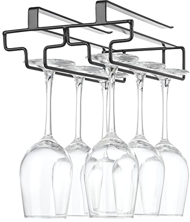FOMANSH Wine glass holder hanging, no drilling required, storage, no screws required, stainless steel, adjustable shelf thickness, kitchen, Black