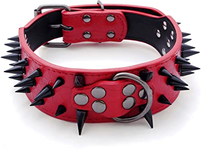 haoyueer Hundehalsband mit scharfen Nieten, 5,1 cm breit, stilvolles Leder-Hundehalsband für mittelgroße und große Hunde, Pitbull, Labrador, Boxer, Rottweiler, Deutscher Schäferhund, Größe M, Rot - 1)