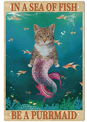 GLOBLELAND Vintage Mermaid Cat Metal Iron Sign Plaque Poster Retro Metal Wall Decorative Tin Signs 11.8×7.9inch for Home Bar Coffee Shop Club Bohemian Room Decoration
