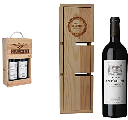 Calvet - Coffret cadeau de 2 bouteilles de vin rouge Réserve, Bordeaux en caisse bois & Château Cap l'Ousteau - Coffret Vin Rouge Grand Vin Médoc - Mini Cave à vin caisse bois