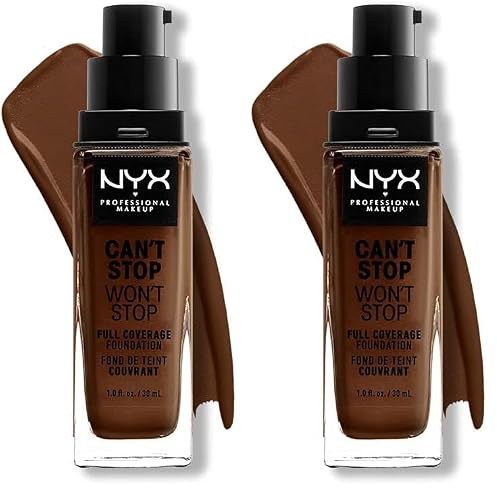 NYX Professional Makeup Can't Stop Won't Stop Full Coverage Foundation, Langanhaltend, Wasserfest, Vegane Formel, Mattierter Teint, Farbton: Deep walnut (Packung mit 2)