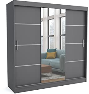 Brent - Kleiderschrank mit Spiegel 200cm Breit Windsor Tomy I Schlafzimmerschrank mit Stangen und Einlegeböden für Kleidung I Kleiderschrank Anthrazit