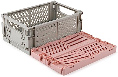 Volein Lot de 2 Mini Boîtes de Rangement Pliable 25 * 16 * 10cm, Petite Caisses de Rangement Pliante en Plastique Tiny Caisses Pastel pour Tiroir, Armoire, Table(Rose+Gris clair)
