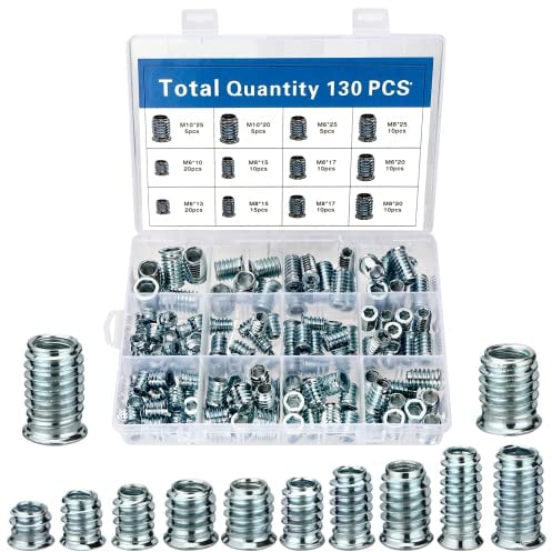 130 Pièces Insert Fileté, M6/M8/M10 Insert Fileté Bois Écrous à Visser, Manchons à Visser en Acier Galvanisé, Insert Fileté Nuts pour Meubles en Bois