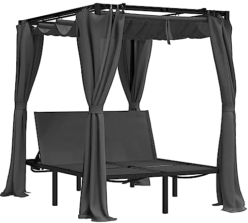vidaXL Tumbona Doble con Cortinas Laterales y Toldo, Silla con Respaldo Ajustable para Piscina Patio Jardín, Estilo Moderno, Gris Antracita