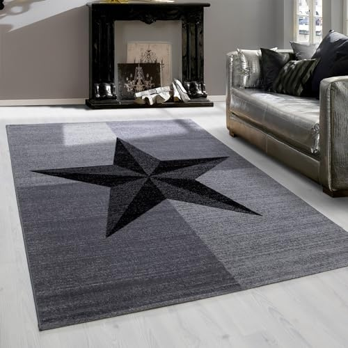 Teppium Moderner Kurzflor Teppich Wohnzimmer 140 x 200 cm Grau - Flauschiger Teppich Waschbar, Sterne-Design, Pflegeleicht, Weich - Ideal für Schlafzimmer, Esszimer und als Küchenteppich