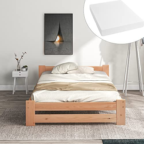 (Mit Matratze) Solide Massivholzbett Futonbett Massivholz Natur Bett aus mit Kopfteil und Lattenroste, Natur (90x200cm)