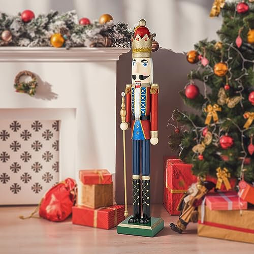 eUty King Nussknacker Weihnachten 137,2 cm H Holz Nussknacker Dekoration Lebensgröße Xmas Willkommen Nussknacker König Veranda Figur Dekor-Indoor & Outdoor
