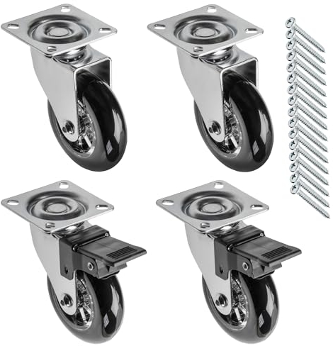 GTV - Möbelrollen BRAZIL, Lenkrollen, 4 Stück set Rollen für Möbel: 2x Rollen mit Bremse, 2x ohne Bremse, aus Stahl und Gummi, +16 PanHead-Schrauben 5x15/16, Durchmesser: 75 mm, Farbe: Schwarz