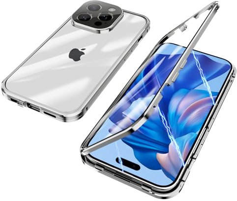 ksscaly Hülle für iPhone 15 Pro Max, 360 Grad Schutz Case mit Safty Lock Magnetische Adsorption Metallrahmen Cover Vorder und Rückseite Gehärtetes Glas Handyhülle für iPhone 15 Pro Max (Silber)