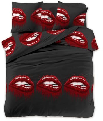 FEBE Bettwäsche Rote Lippen Bettbezug-Set 140x200 + Kissenbezug 2 Teilig mit Reißveschluss