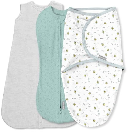 SwaddleMe by Ingenuity Comfort Pack Baby Swaddle Set, Size 0-3 Months, 5-14 Pounds, SwaddleMe Pod, Original Swaddle, Night Sack, 3pk - Little Bees