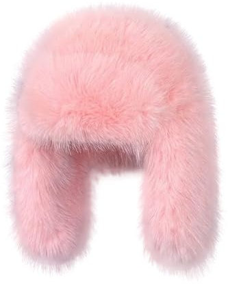 BSYLOO Luxuriöse Trappermütze aus Kunstnerzfell, reine Farbe, schlicht, für Damen, Wintermütze, Pelzmütze, Uschanka, warm, Pink, S-XL