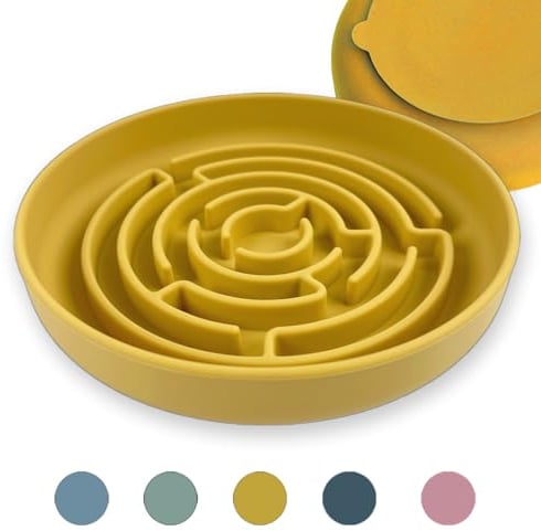 Slow Feeder Dog Bowl Large 19 cm | Food Bowl for Cats & Puppy | Anti-Gulp Anti-Chocking Non-Spill with Strong Suction Base | Up to 10x Slow Eating | New Maze Design (Honey)