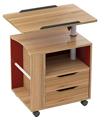 DlandHome Nachttisch mit Rollen, Beistelltisch mit 2 Schubladen, Nachttisch, Aufbewahrungsschrank mit Oberplatte, 360 Grad drehbar, Eiche