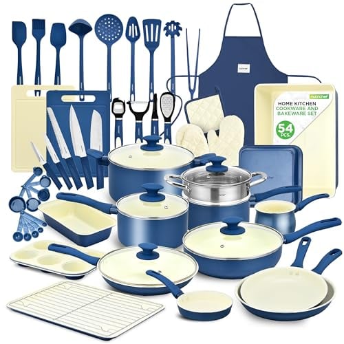 NutriChef Batterie de Cuisine 54 Pièces Effet Marbre – Ustensiles Résistants à la Chaleur, Antiadhésif, Idéal pour Cuisines Pro ou Maison