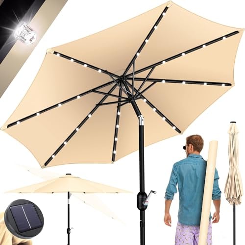 KESSER® Sonnenschirm Balkonschirm Rund LED Solar mit Kurbel Inkl. 2in1 Schutzhülle, Gartenschirm, Schirm Ø 265 cm für Balkon Garten & Terrasse verstellbar knickbar Beige