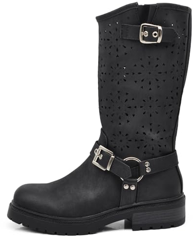 IF Fashion Scarpe da Donna Stivali Primaverili Estivi Traforati Alla Caviglia Biker Motociclista Con Fibbia WZ688-62 nero N.39