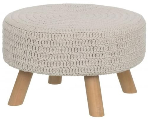 BAKAJI Pouf Niedriger Hocker Beine Füße aus Holz Fußstütze Gepolsterter Stoff Makramee Gestrickt Taupe Durchmesser 50 cm Für Schlafzimmer Wohnzimmer, 281431