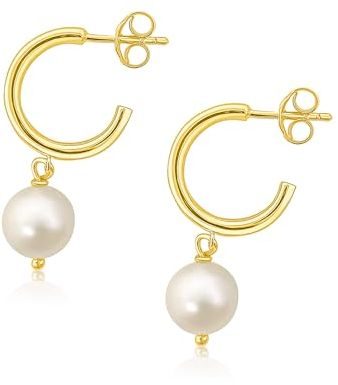 Mary & Jules Perlenohrringe Gold aus 925 Sterling Silber, Perlen Creolen aus recyceltem Silber, vergoldet mit Süsswasserperlen, Ohrringe Damen, für Frauen & Mädchen