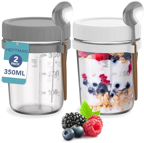 HEFTMAN Glass Overnight Oats Jars with Lids - 2 Pack 350ml Overnight Oats Jar with Spoons, Airtight Food-Safe Breakfast Pots with Lids for Yogurt, Chia Pudding - 12oz, Reusable (2 PCS)
