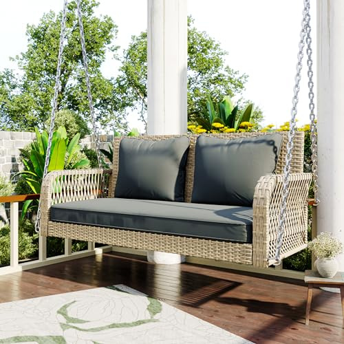 Merax Altalena sospesa a 2 posti, altalena da giardino in rattan PE con cuscini e catene, panca sospesa altalena da giardino, altalena doppia per giardino, balcone, veranda, fino a 320 kg, Beige e