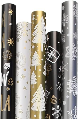 DERAYEE Papier Cadeau Rouleau Noël,43.2 * 300cm Emballage Cadeau Noel Rouleau Papier Cadeau Brillant Papier Cadeau Noel Doré Noir et Argenté