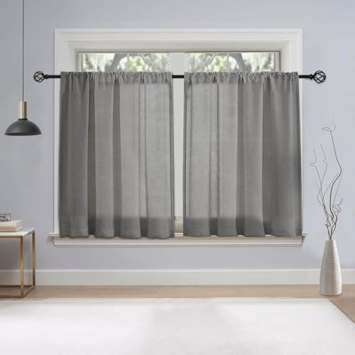 CUCRAF Kitchen Curtains Linen Blend, W 48 x L 42 Inch 2 Panels Cafe Curtains for Small Windows, Short Lightweight Curtain for Rod Pocket Kitchen Sink Cupboard Bathroom, Light Grey