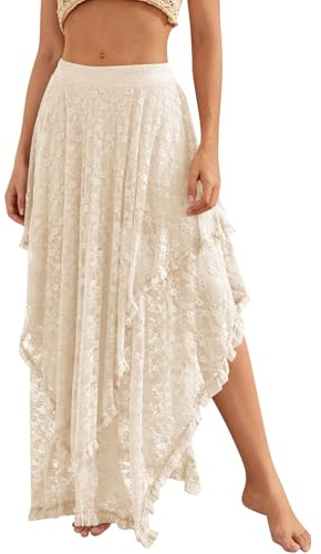 YKR Womens Lace Long Skirts Elastic Asymmetrical Layered Hem Sexy See-Through Flowy Skirts Floral Beach Maxi Skirt Beige M