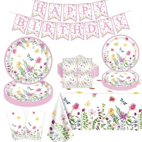 Confezione da 123 piatti di carta con fiori primaverili, striscioni, tovaglie, tovaglioli, fiori di campo estivi, baby shower, compleanni, decorazioni per la tavola per picnic, matrimoni, tea party