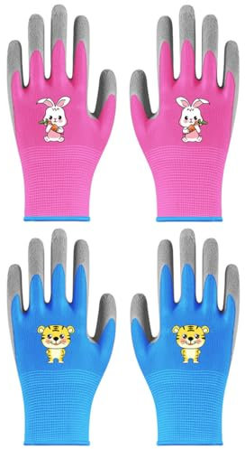 2 Pares Guantes de Jardinería para Niños, Guantes de Trabajo en el Jardín para Niños, Guantes de Jardín Recubiertos de Goma, Guantes de Seguridad, para Jardinería y jugar