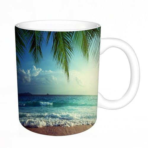 KDWJS Tasse Keramik Kaffeetassen Große 11oz Tassen 330ml Trinkgläser Mit Griff Personalisierte Geschenk Weiß,Meer, Palmen Bäume Tropische Insel Strand Meeresufer Wasser
