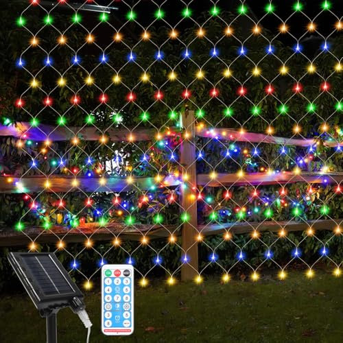 Cecaylie solar lichternetz, 2x2m-240LEDs lichternetz mit Fernbedienung, 8 Modi-TimingFunktion-MemoryFunktion, IP44, Geeignet für Hochzeits und andere Feiertagsdekorationen, Bunt