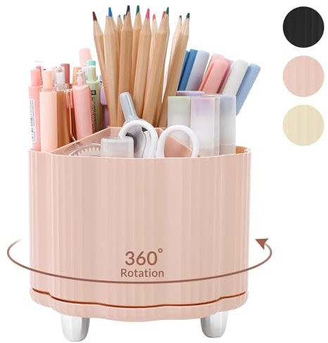 SKYDUE Schreibtisch Organizer, 360 Grad Stiftehalter Drehbar, Stiftehalter Schreibtisch Mit 5 Fächern, Stifte Organizer Für Büro, Schule, Zuhause, Stiftehalter Rosa
