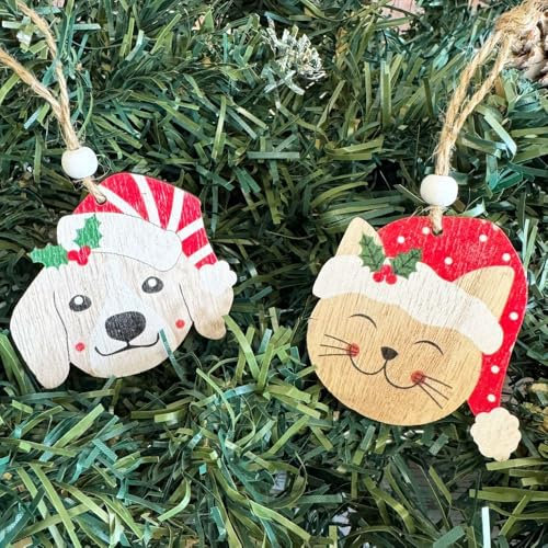 Heaven Sends 8 Wooden Christmas Tree Decorations Cats and Dogs, Christmas Tree Baubles, Flat Baubles, Festive Tree Decoration, Wooden Hanging Decoration