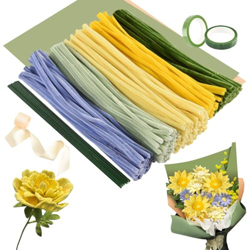 Joyblossom 300 Stück Sonnenblumen Pfeifenreiniger Blumen Set, Pfeifenputzer zum Basteln, mit Geschenkpapier, Geschenkband, für Handgemachte Geschenke, DIY - Dekorationen