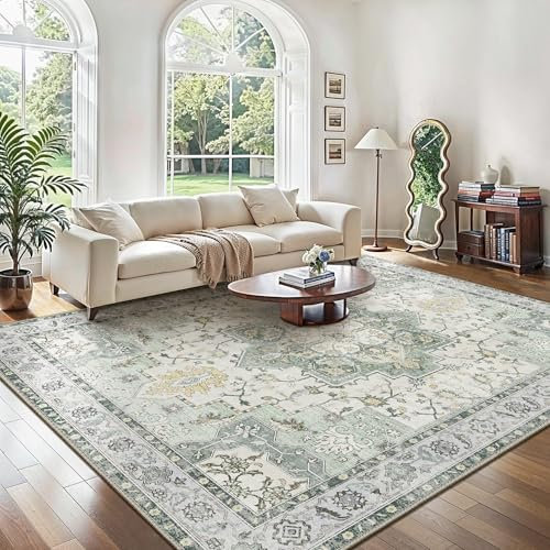 GENIMO Vintage Teppich 120x170cm, Teppiche Wohnzimmer, Waschbare Teppiche, Boho Teppich, Klein Carpet rutschfest, Schlafzimmer, Esszimmer, Büro, Grün