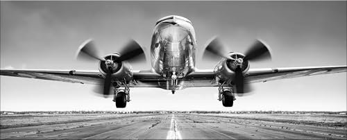 artissimo Glasbild 125x50 cm Bild Flugzeug Schwarz Weiß AG5415A – modernes Panorama Bild aus Glas, großes Wandbild XXL Querformat, Wanddeko Wohnzimmer Technik Aviatik